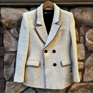 Zara Textured Cream Blazer with Black Trim